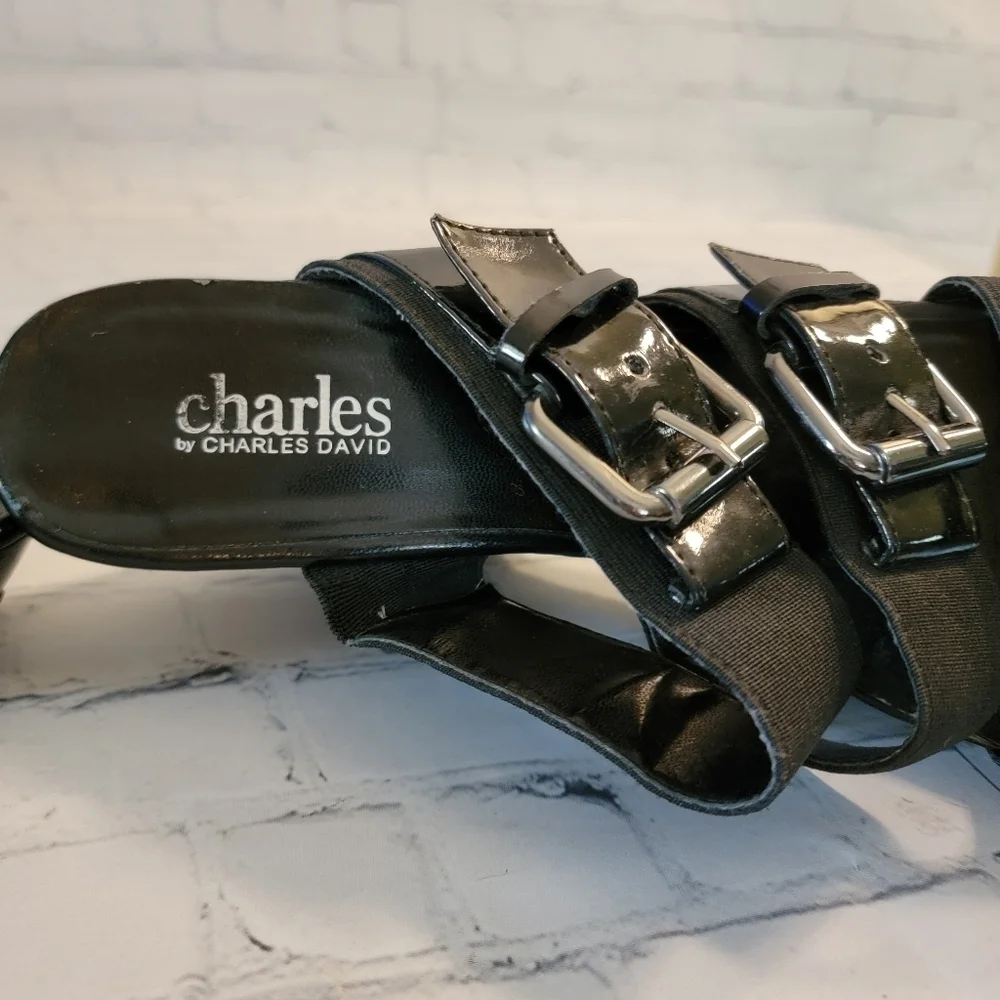 Charles by Charles Davis Black Strappy Buckle Wedge Sandles Size 10 B